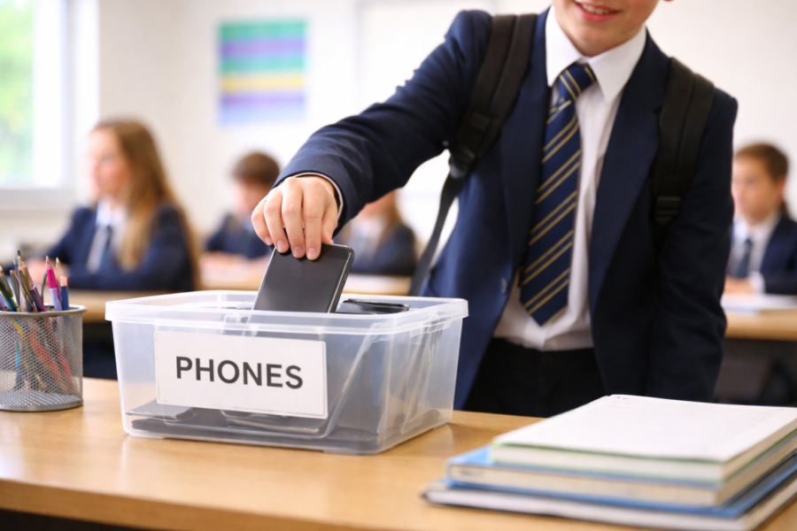 Photograph of a school pupil placing a smartphone in a storage box on a teacher's desk.