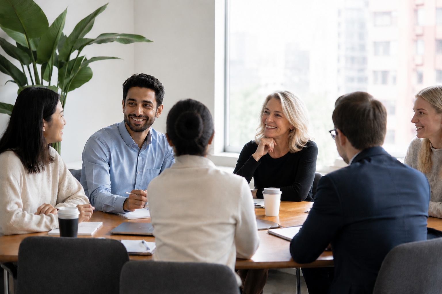 Group of people meeting in a bright office.