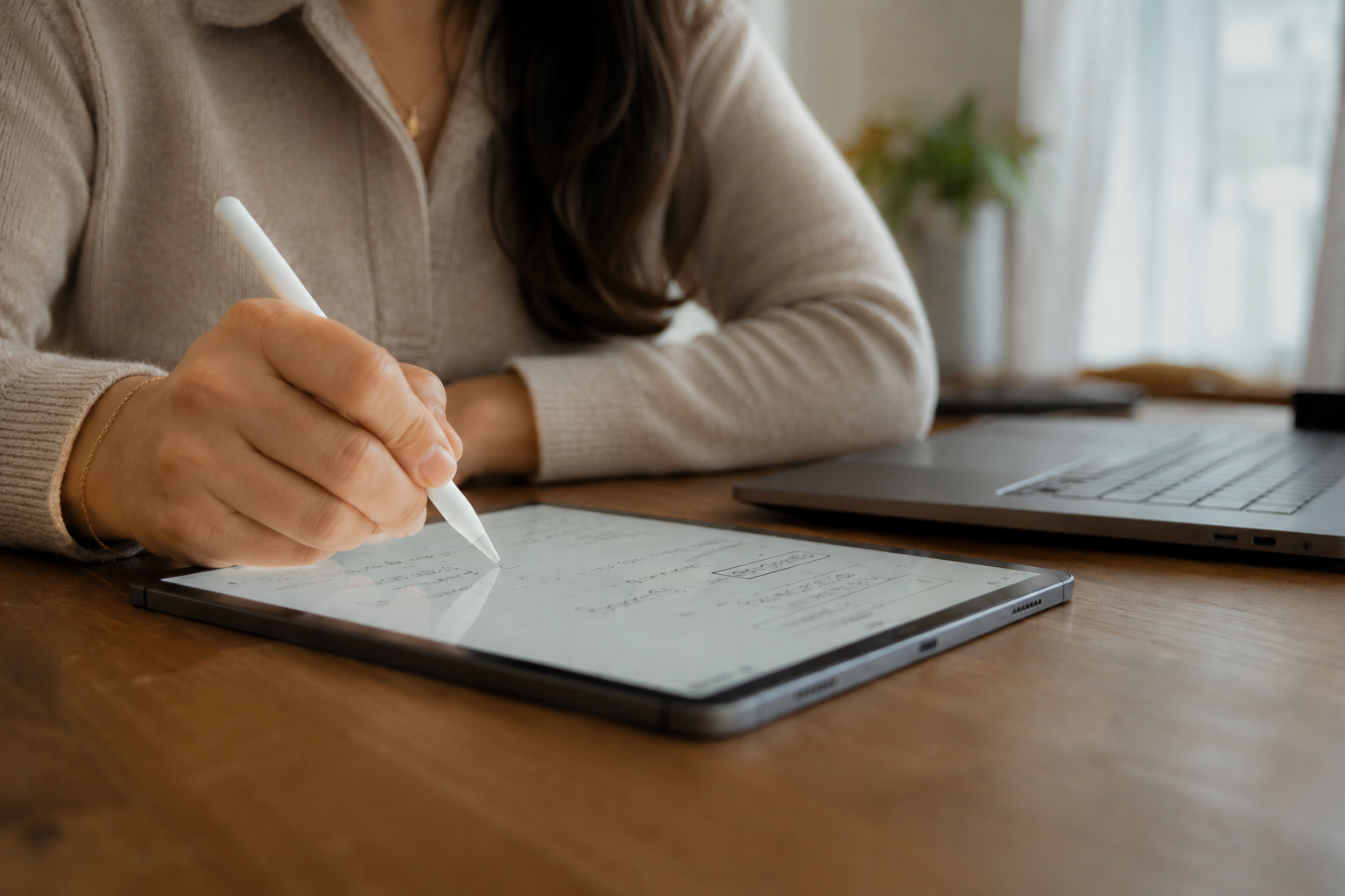 Photograph of someone at a desk writing on an iPad.